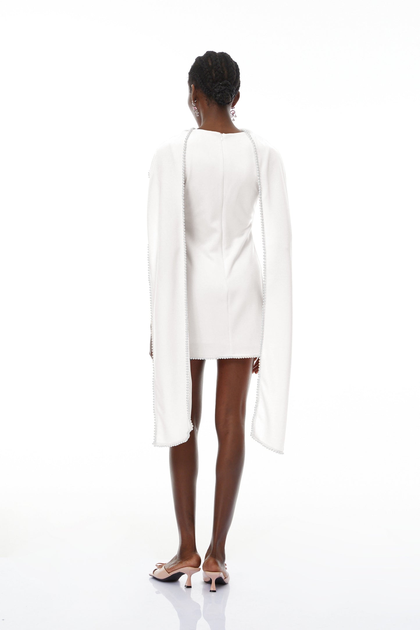 Piroska White Sleeveless Pearl Trim Mini Dress