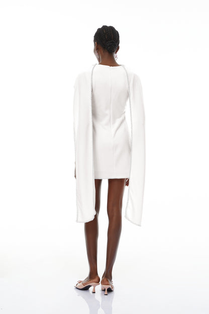 Piroska White Sleeveless Pearl Trim Mini Dress