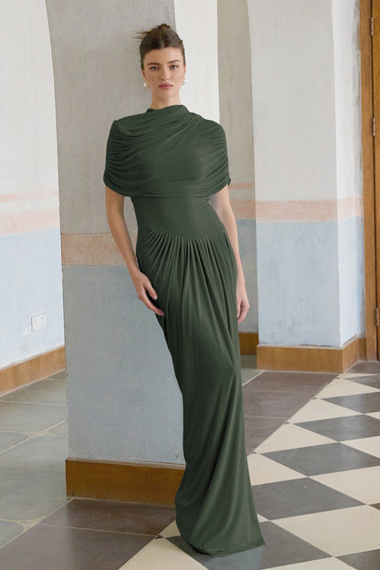 Yeşil Catherine asimetrik pilili maxi elbise