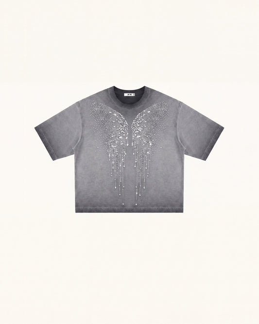 The Angelic Dripping Crystal Wings Tee - Washed Grey