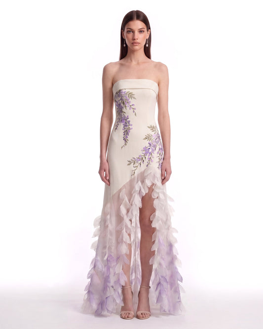 Salkım Söğüt Moru Petal Cascade Asimetrik Etek Ucu Elbise - Fildişi