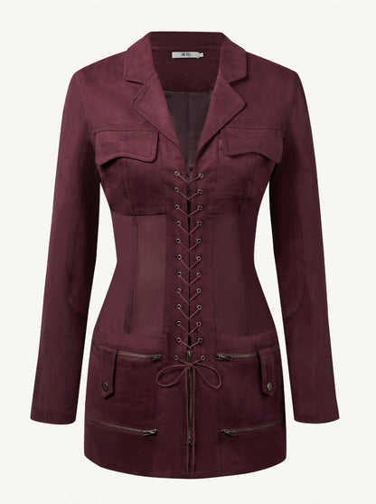 Suni Süet Korse Model Ceket Mini Elbise - Bordo