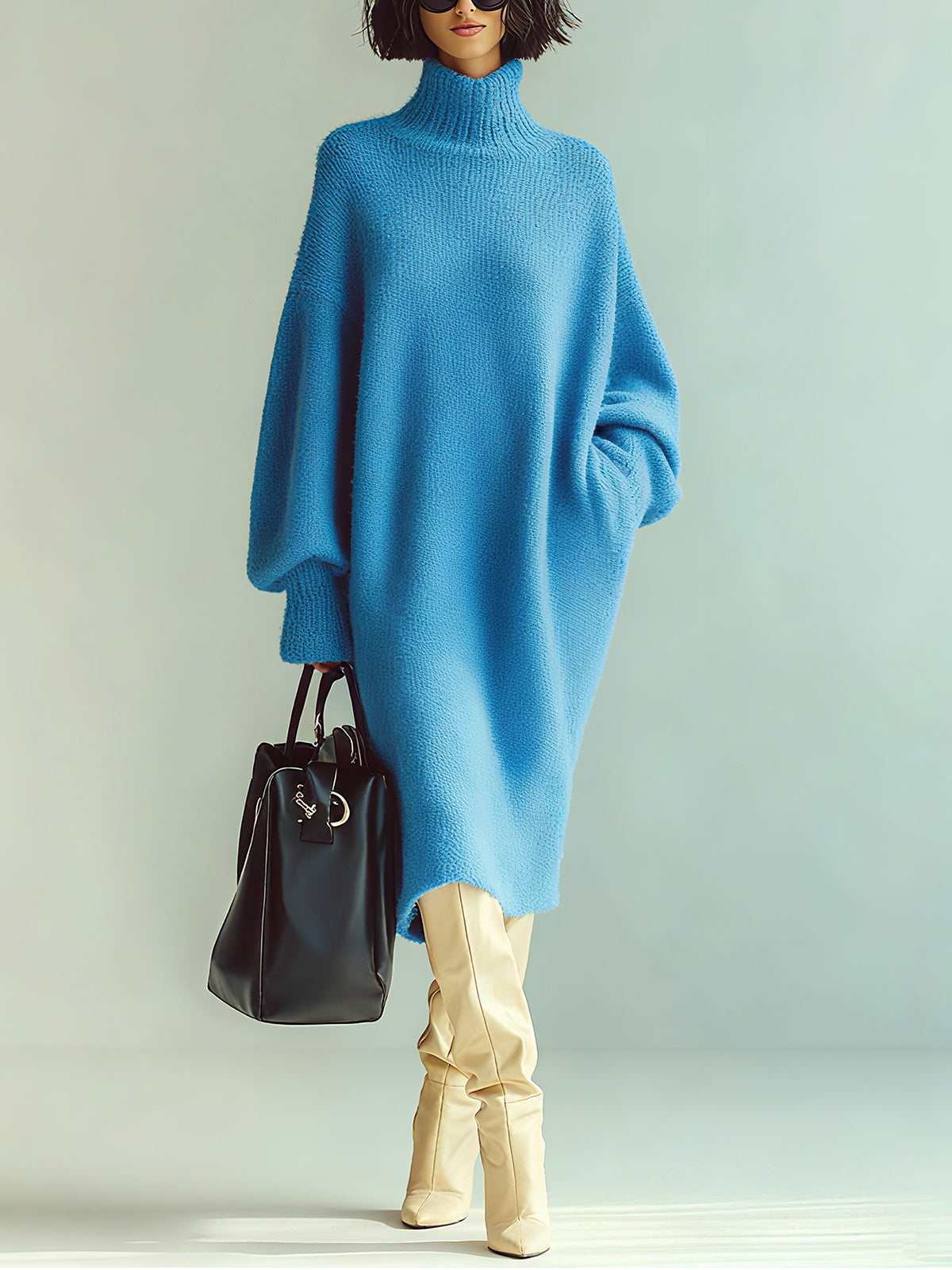 Noeva Paris Chic Casual Mavi Balıkçı Yaka Oversize Uzun Kollu Örgü Midi Elbise