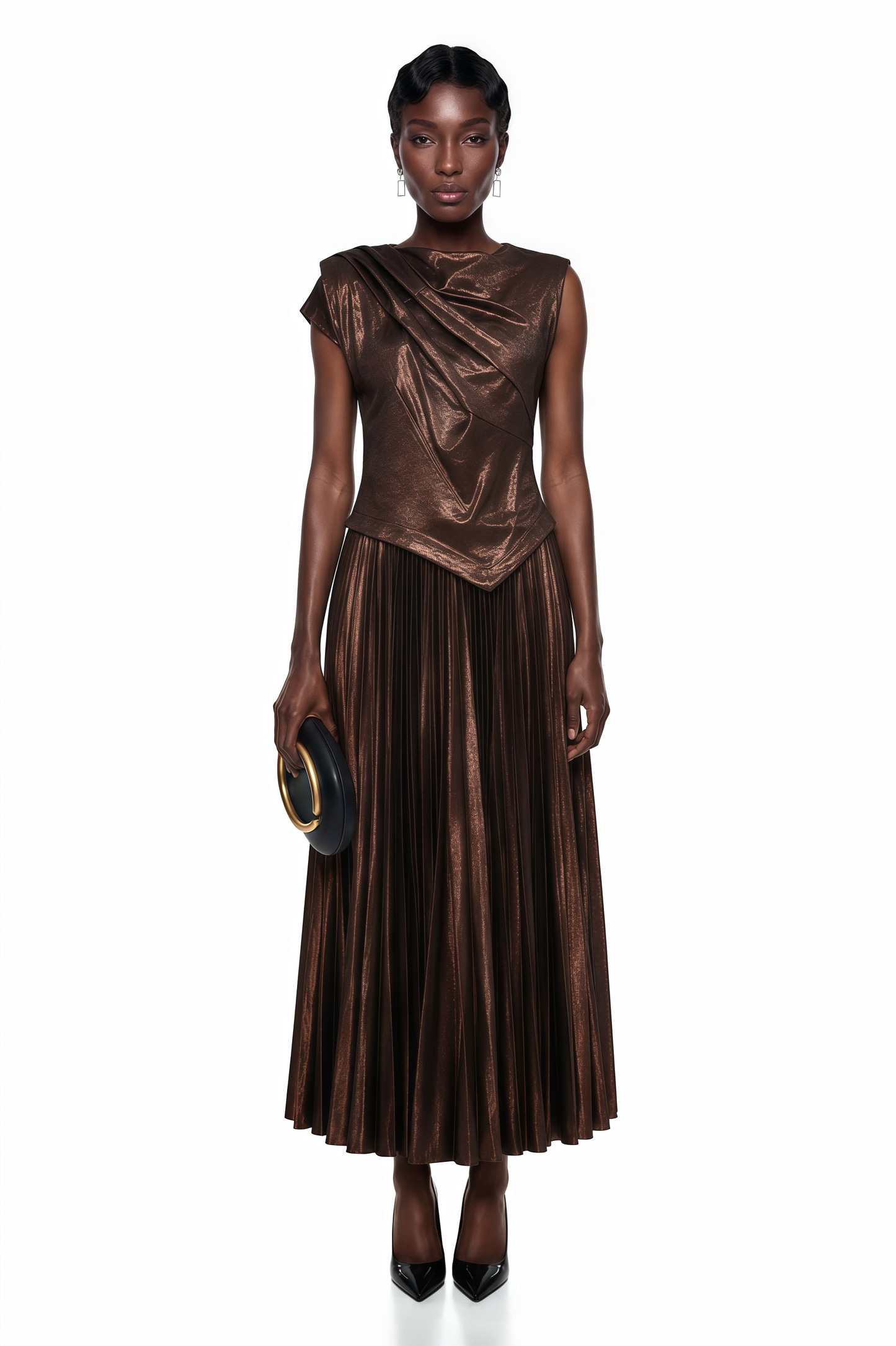 Jacinta Chocolate Brown Asymmetrical Pleated Maxi Dress