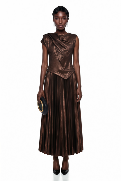 Jacinta Chocolate Brown Asymmetrical Pleated Maxi Dress
