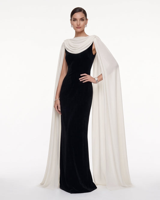 Drape Yaka Transparan Pelerin Maxi Abiye Elbise - Siyah & Beyaz