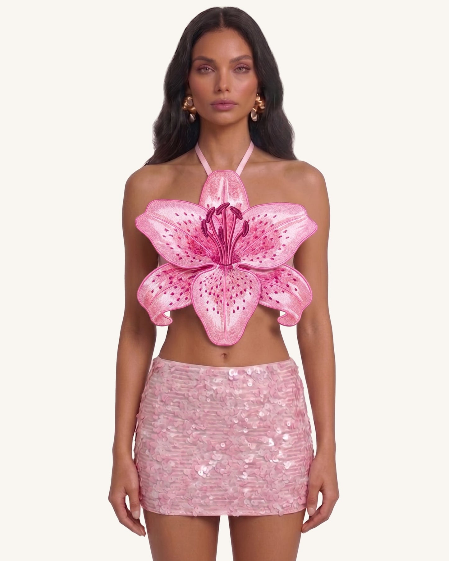 3D Lily Halter Yaka Crop (Kısa Kesim) Üst / Bluz - Pembe