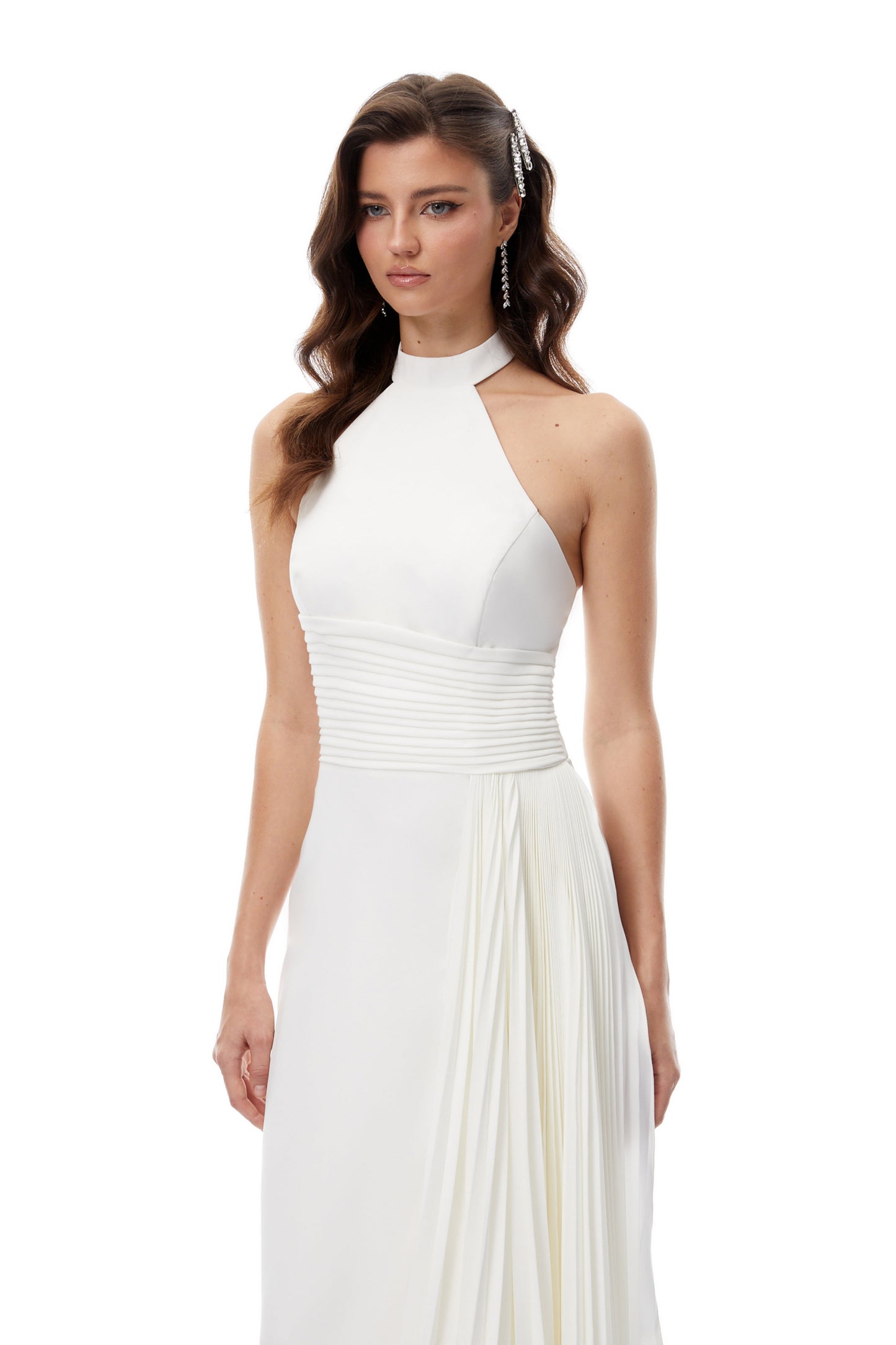 Lydia White Halterneck Asymmetrical Pleated Maxi Dress
