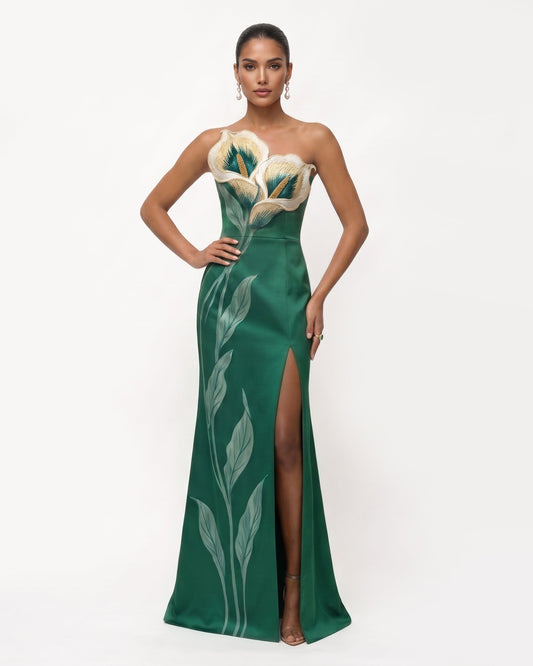 Calla Lily Straplez (Askısız) Yırtmaçlı Maxi Elbise - Zümrüt Yeşili Yeşil