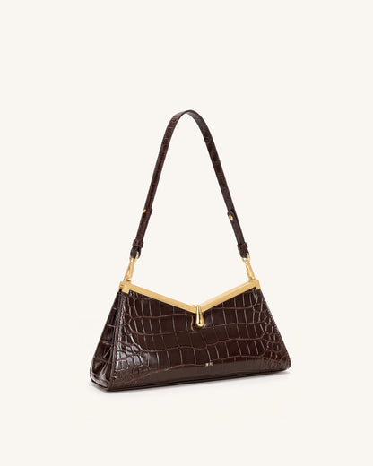 Nerina V-Frame Shoulder Bag - Dark Brown Croc