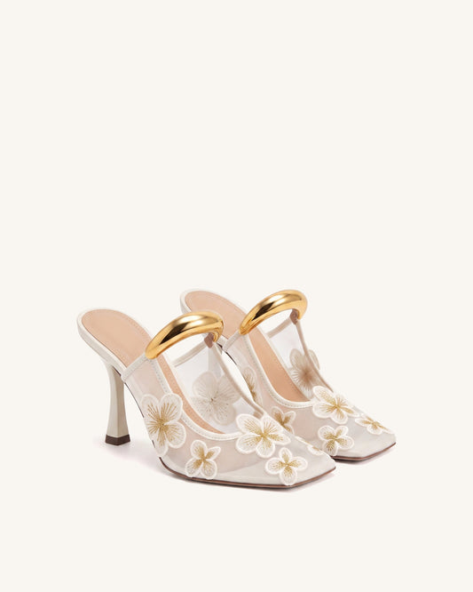 Mireille Pierced Floral Embroidered Appliqué Mesh Mules - Ivory