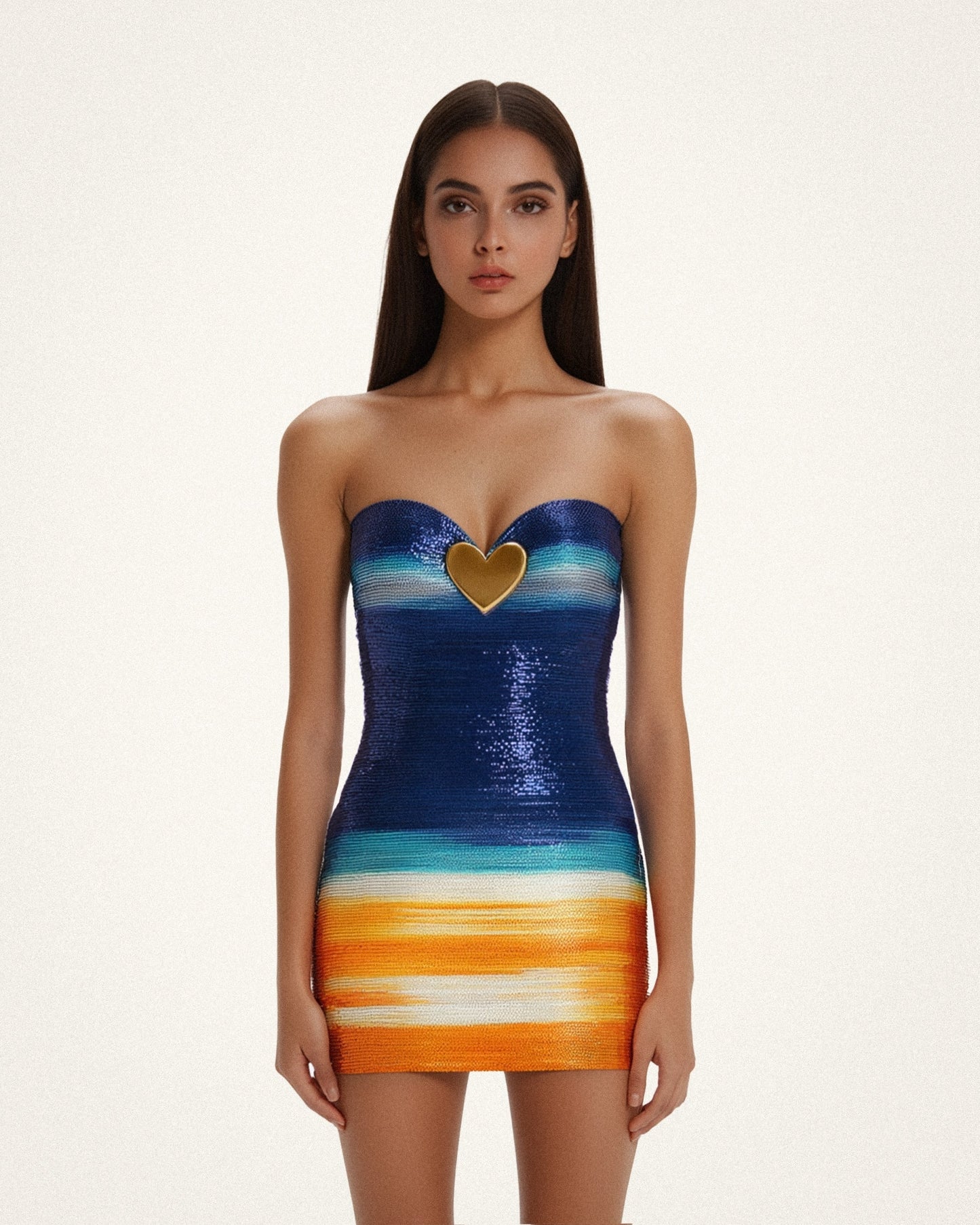 Olivia Metalik Kalp Desenli Payetli Elbise - Blue/Orange