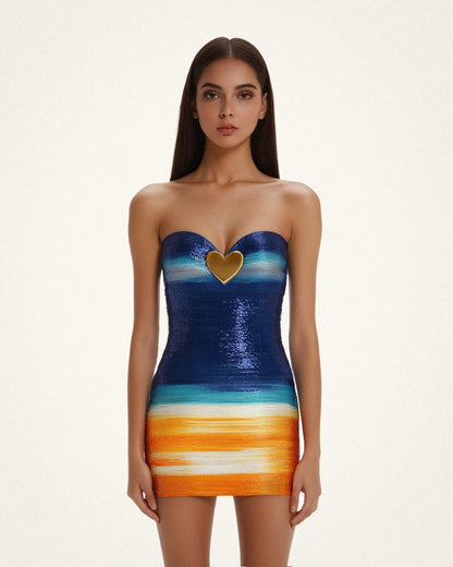 Olivia Metalik Kalp Desenli Payetli Elbise - Blue/Orange
