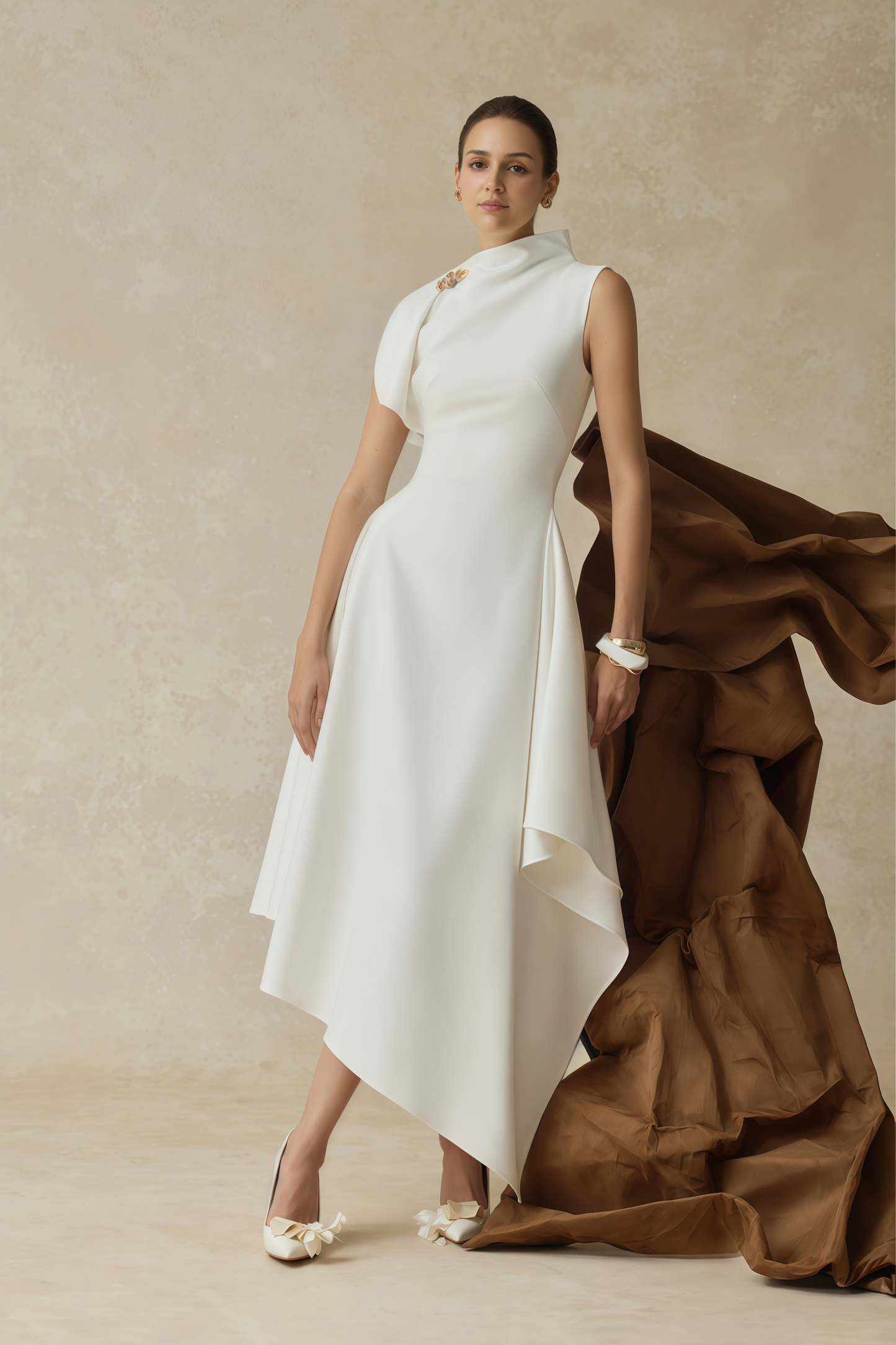 Liana White Asymmetrical Flared Midi Dress