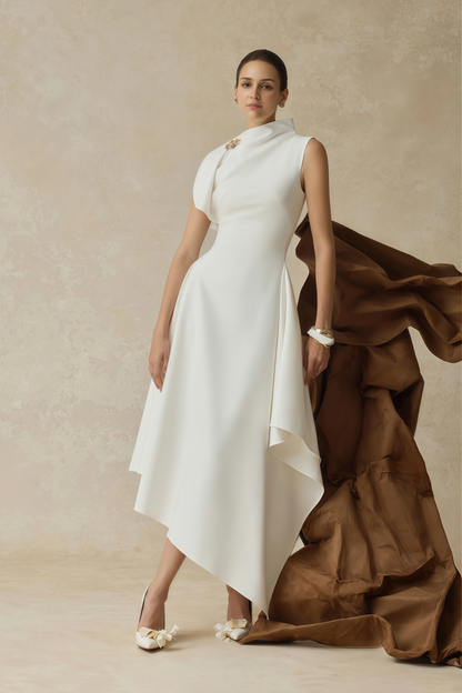 Liana White Asymmetrical Flared Midi Dress
