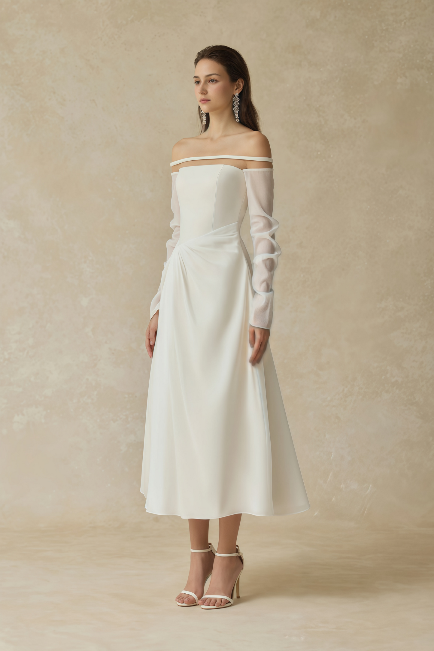 Gelsomina White Gathered Crepe Midi Dress