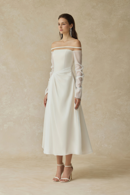 Gelsomina White Gathered Crepe Midi Dress