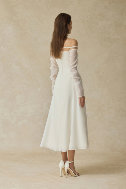 Gelsomina White Gathered Crepe Midi Dress