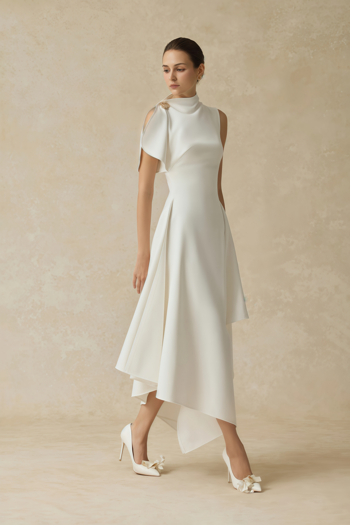 Liana White Asymmetrical Flared Midi Dress