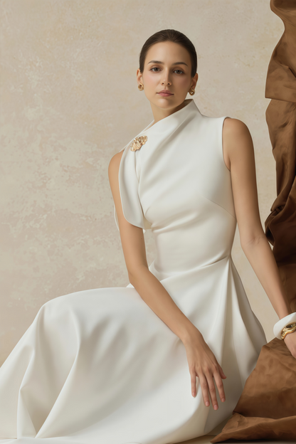 Liana White Asymmetrical Flared Midi Dress