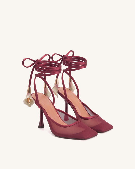Astrid Calla Lily Lace-Up Mesh Pumps - Burgundy