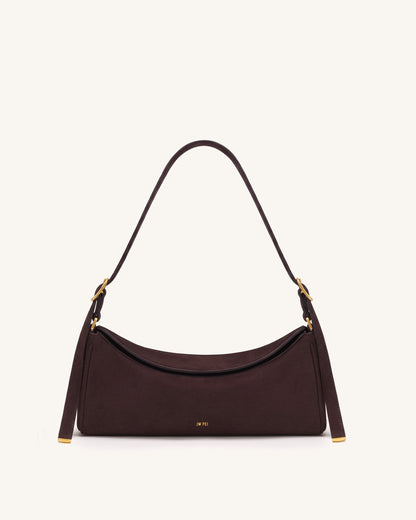Elowen Faux Suede East-West Shoulder Bag - Dark Brown