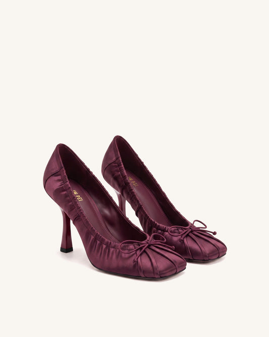 Solenne Satin Bow Ruched Pumps - Burgundy