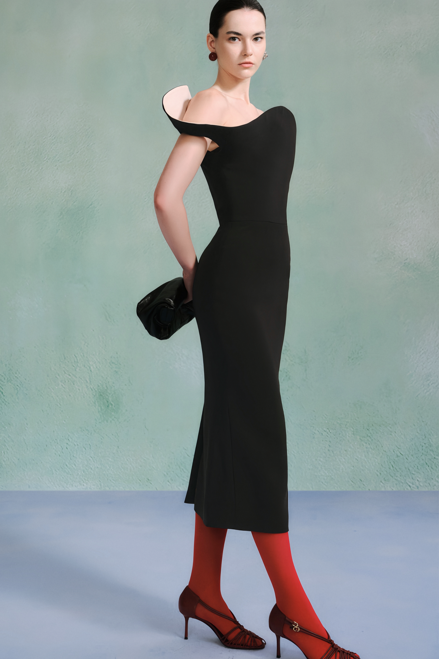 Doris Asymmetric Sculptural Neckline Black Midi Dress