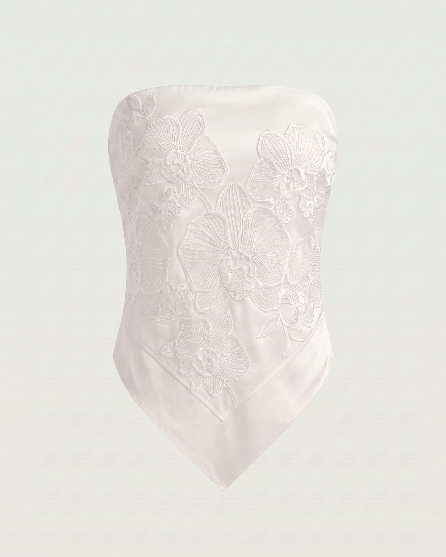 Orkide Nakışlı Straplez (Askısız) Handkerchief Üst / Bluz - Beyaz