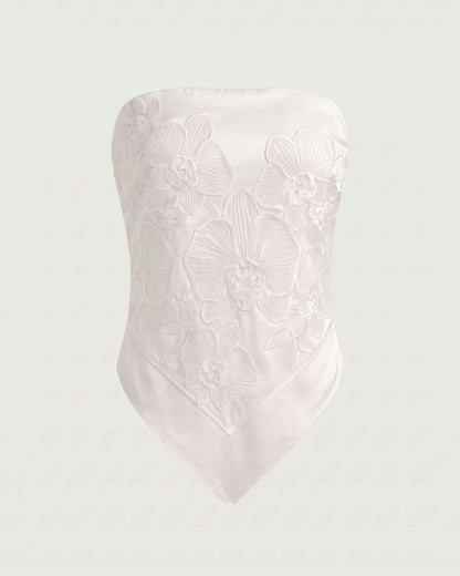 Orkide Nakışlı Straplez (Askısız) Handkerchief Üst / Bluz - Beyaz