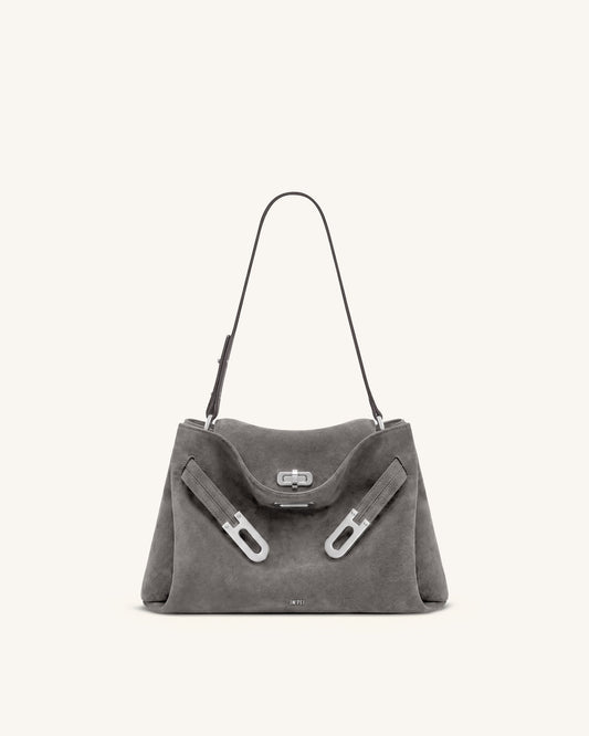 Rhea Faux Suede Double Buckle Shoulder Bag - Grey