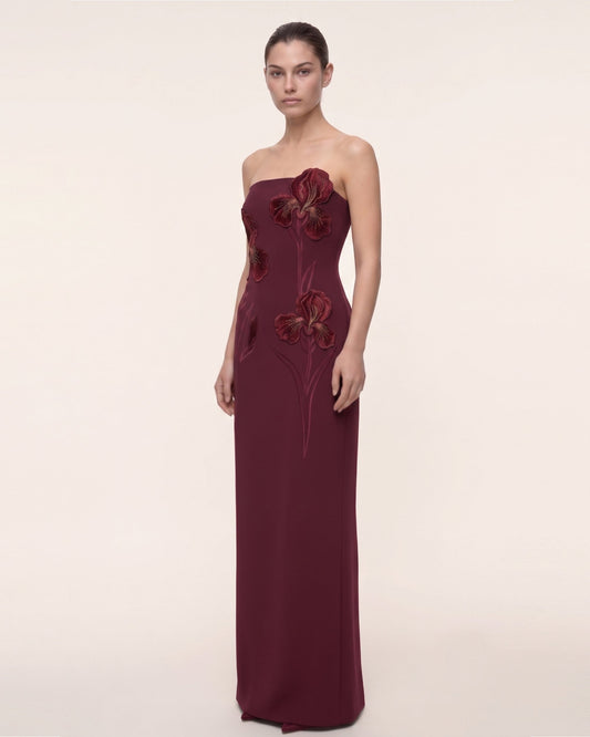 İris Nakışlı Straplez (Askısız) Maxi Elbise - Bordo
