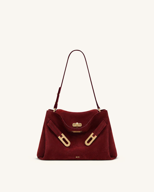 Rhea Faux Suede Double Buckle Shoulder Bag - Cinnabar Red