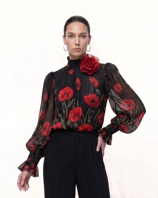Corn Poppy Pleated Chiffon Blouse - Black
