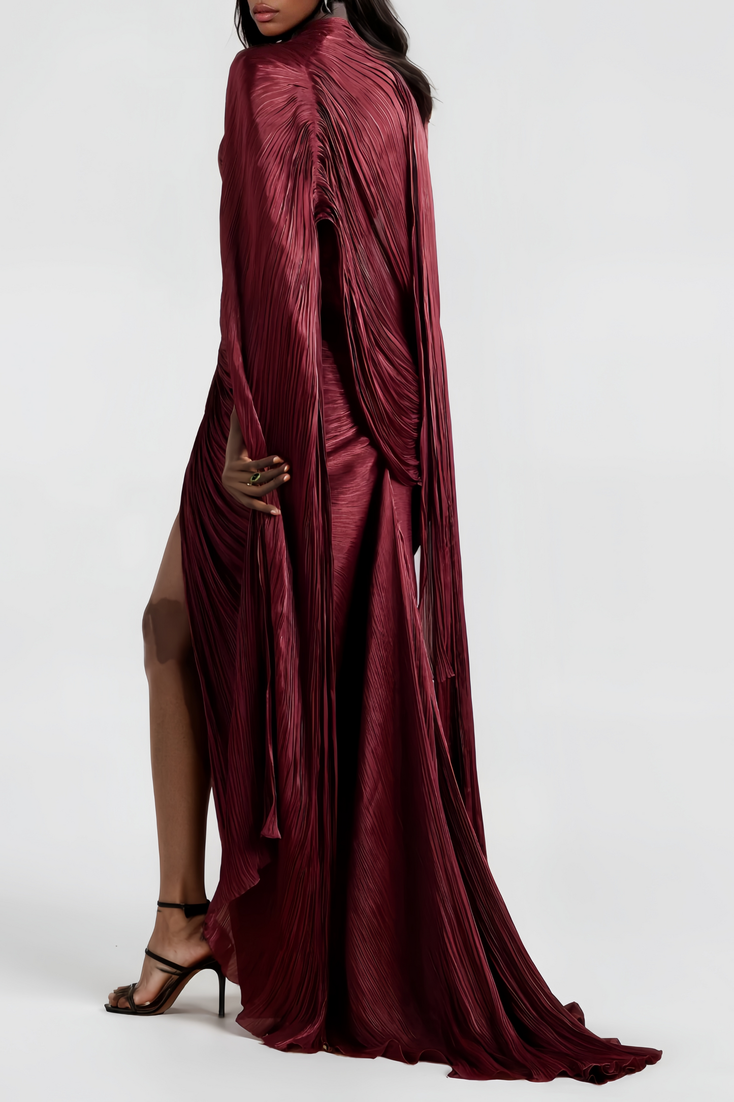 Shifra Burgundy Asymmetrical Cape Maxi Dress