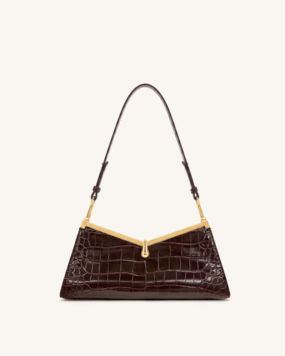 Nerina V-Frame Shoulder Bag - Dark Brown Croc