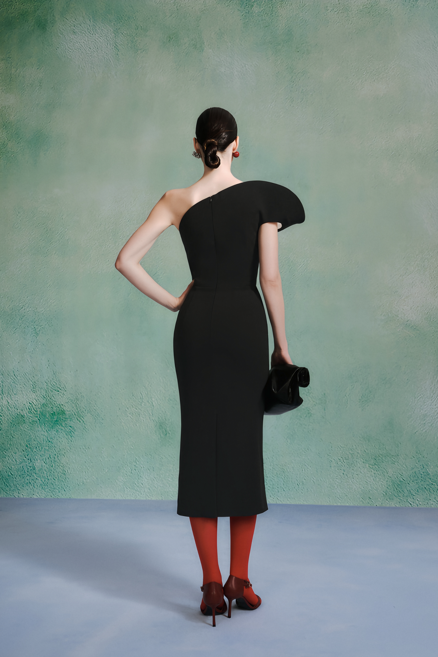 Doris Asymmetric Sculptural Neckline Black Midi Dress